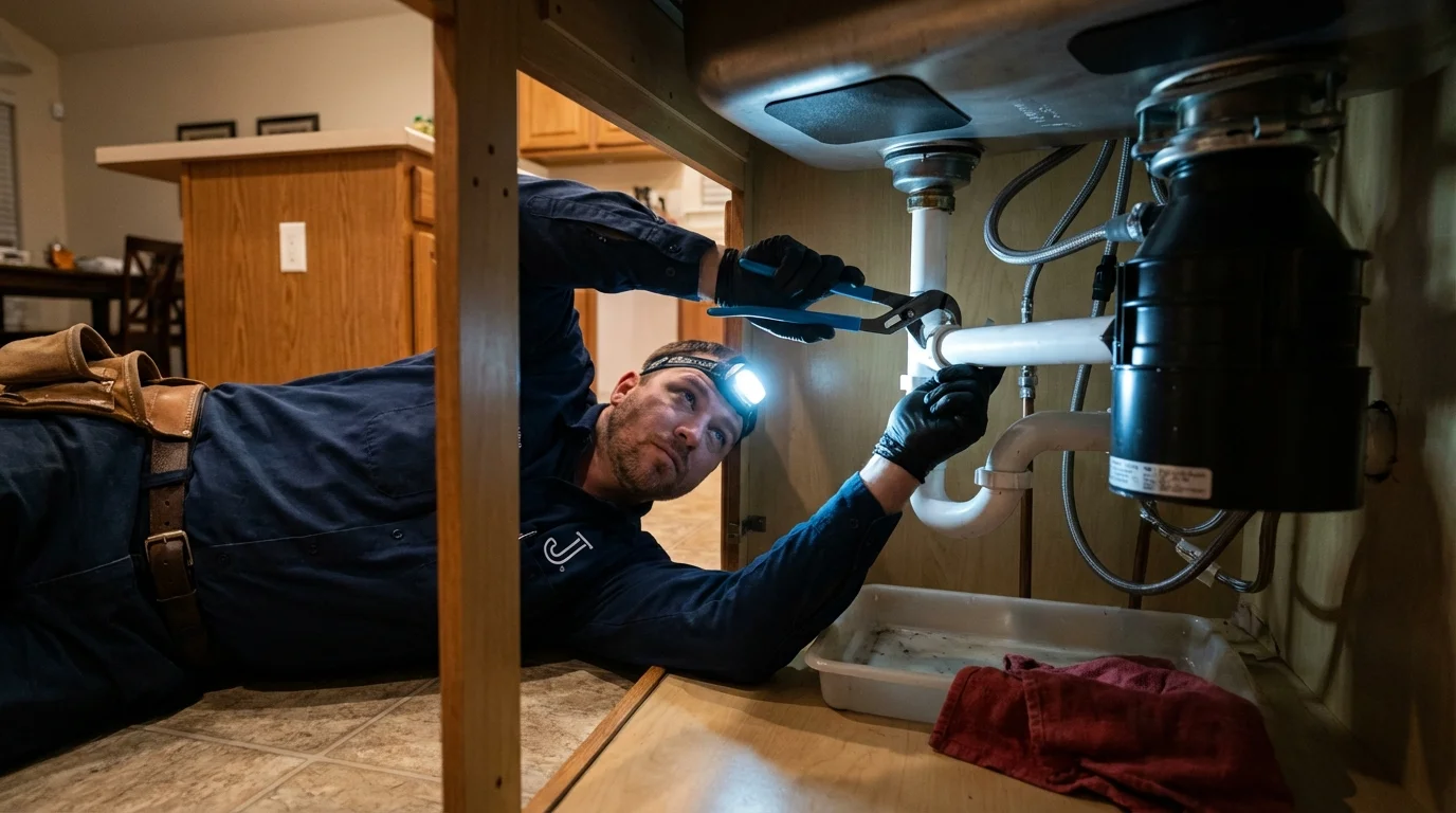 P-trap and supply line connections under a kitchen sink showing a common leak point in West Point, NE